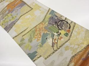 平田藤三郎　屏風に御所車・草花・時代人物模様織出し袋帯